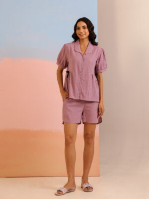 Lavender Color Solid Lapel Collar Pure Cotton Night Suit For Women