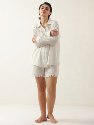 White Pure Cotton Solid Night Suit for Women