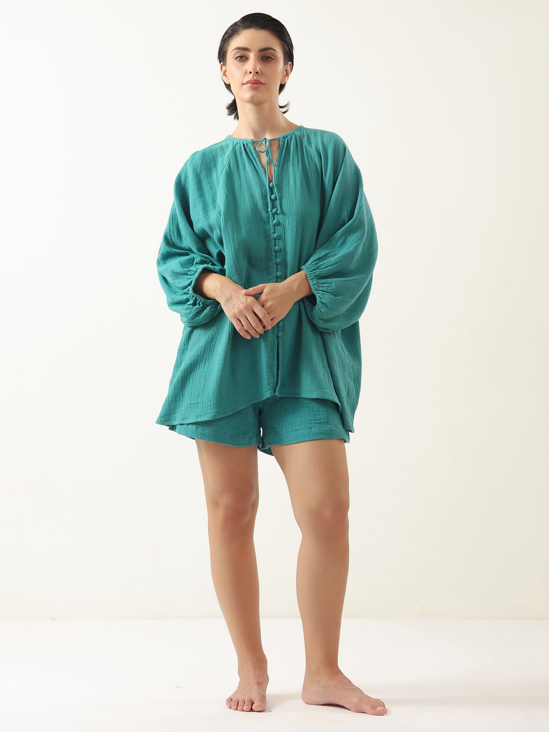 Sea Green Solid Cotton Night Suit for Women