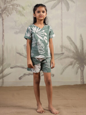 White Cotton Printed V-Neck Night Suit for Kids