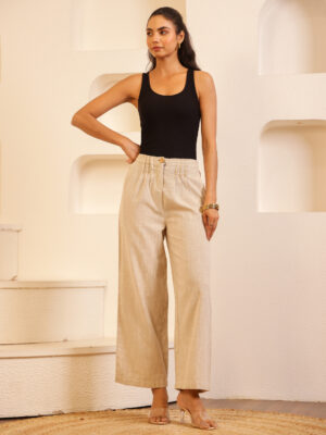 Beige Solid Cotton Lounge Pant for Women