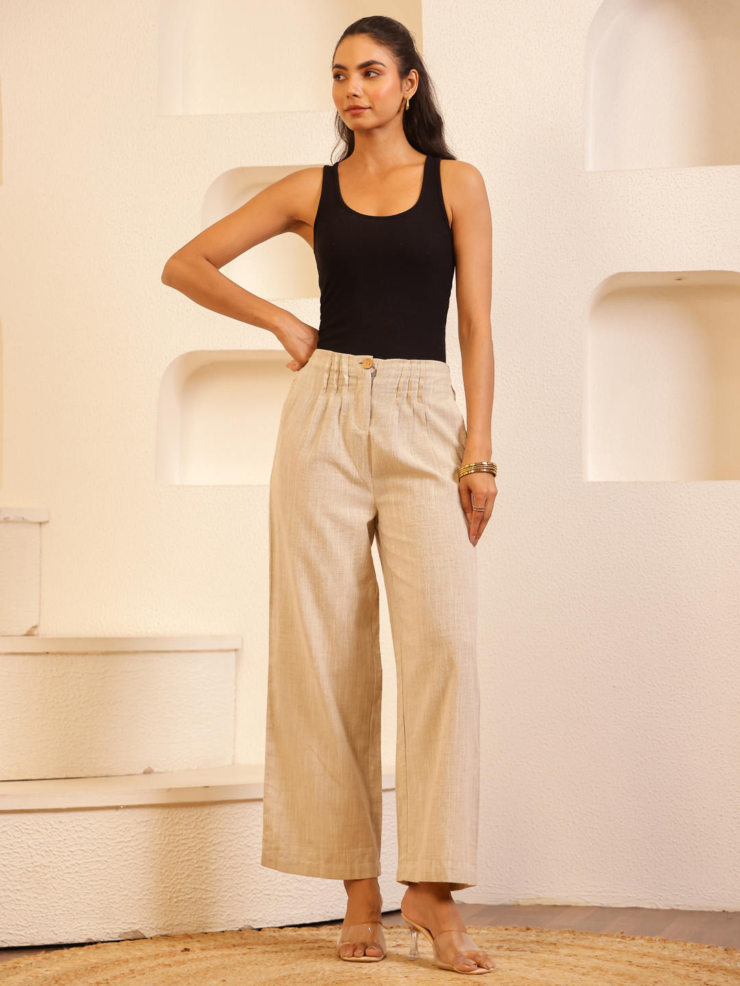 Beige Solid Cotton Lounge Pant for Women