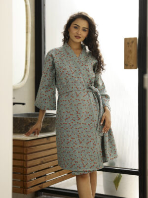 Grey Floral Print Cotton Bath Robe for Women