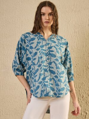 Teal Color Floral Print Cotton Shirt For Women
