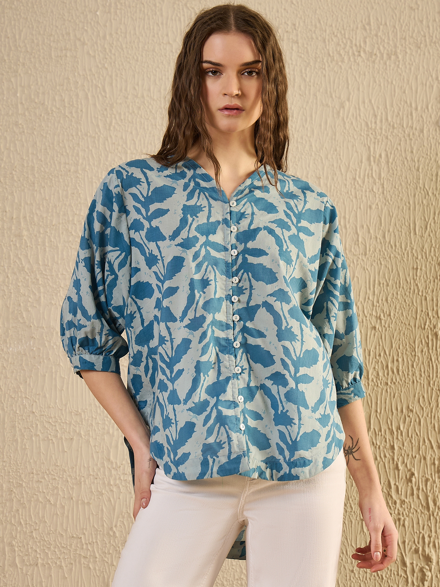 Teal Color Floral Print Cotton Shirt For Women