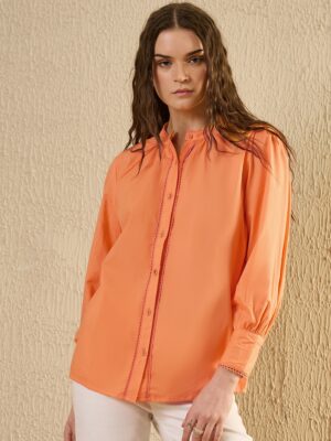 Orange Color Solid Cotton Women Shirt