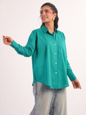Teal Spread Collar Full Sleeve Solid Cotton Shirt For Women