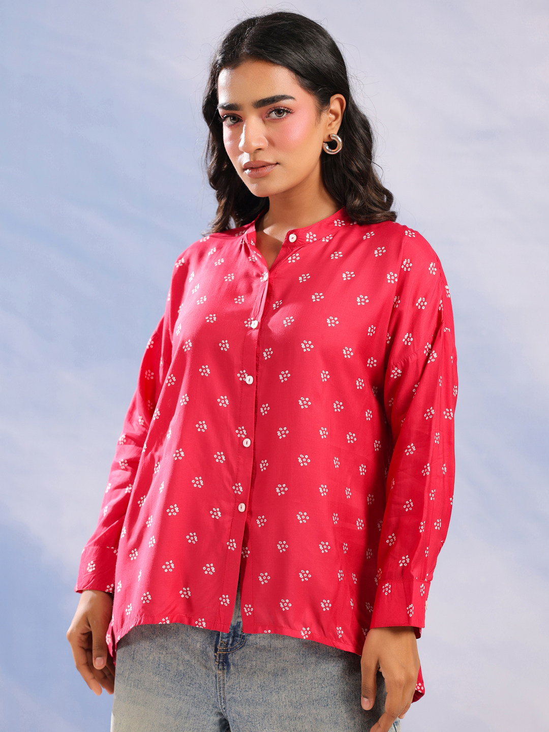 Pink Mandarin Collar Geometric Print Shirt For Women