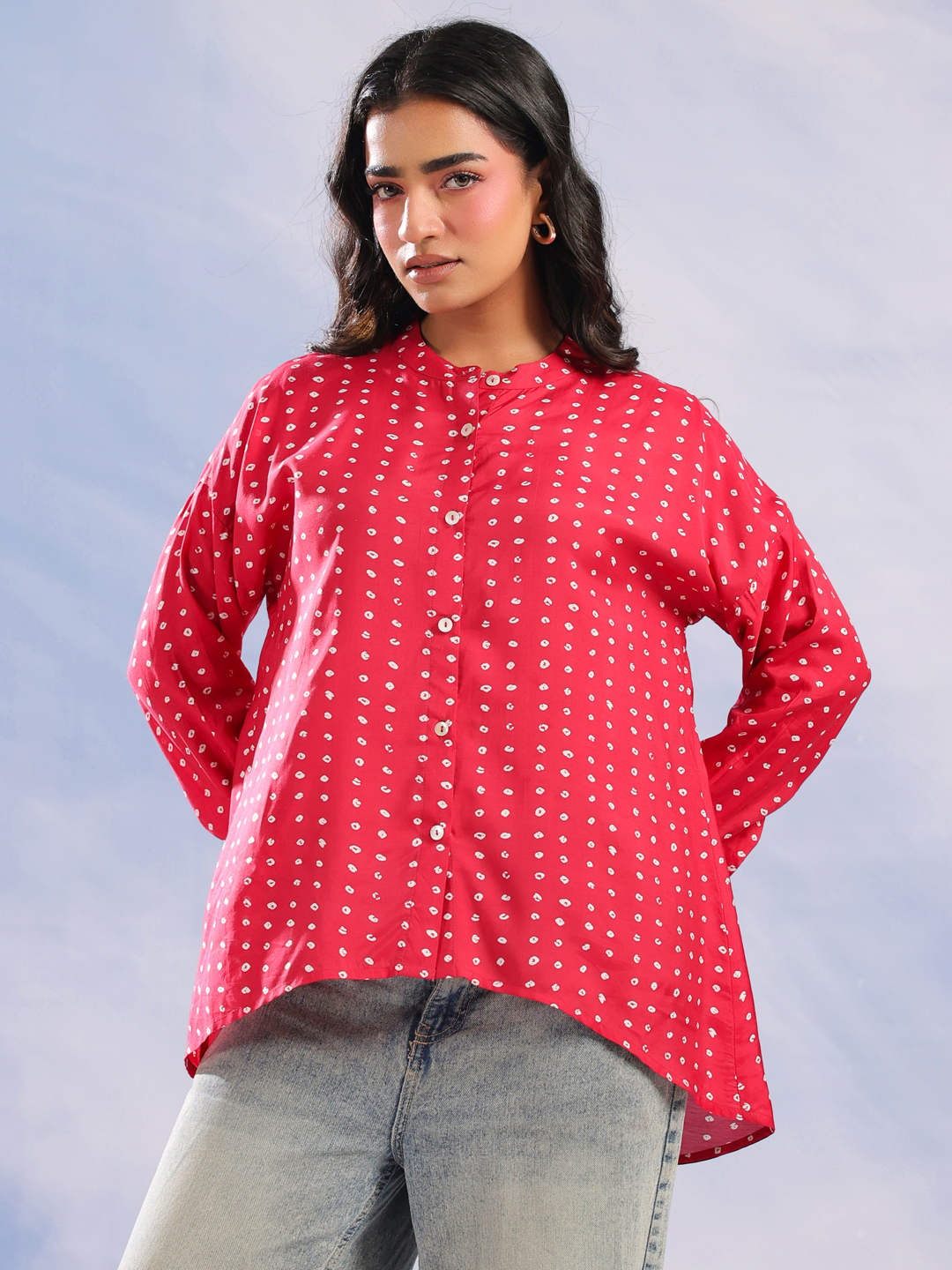 Pink Geometric Print Mandarin Collar Shirt For Women
