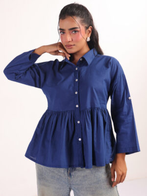 Blue Solid Spread Collar Cotton Shirt For Women