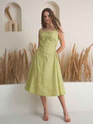 Green Square Neck Solid Pure Cotton Dress For Women