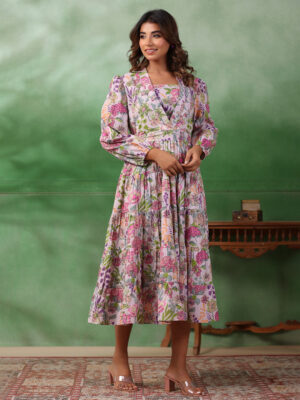 Lavender V-Neck Floral Print A-Line Cotton Dress For Women