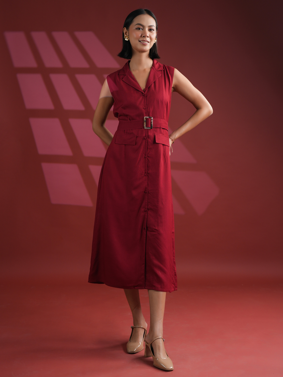 Red Lapel Collar Solid Viscose Rayon Dress For Women