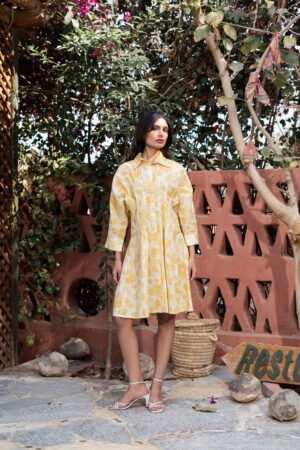 Yellow Shirt Collar Floral Pure Cotton Dress For Women