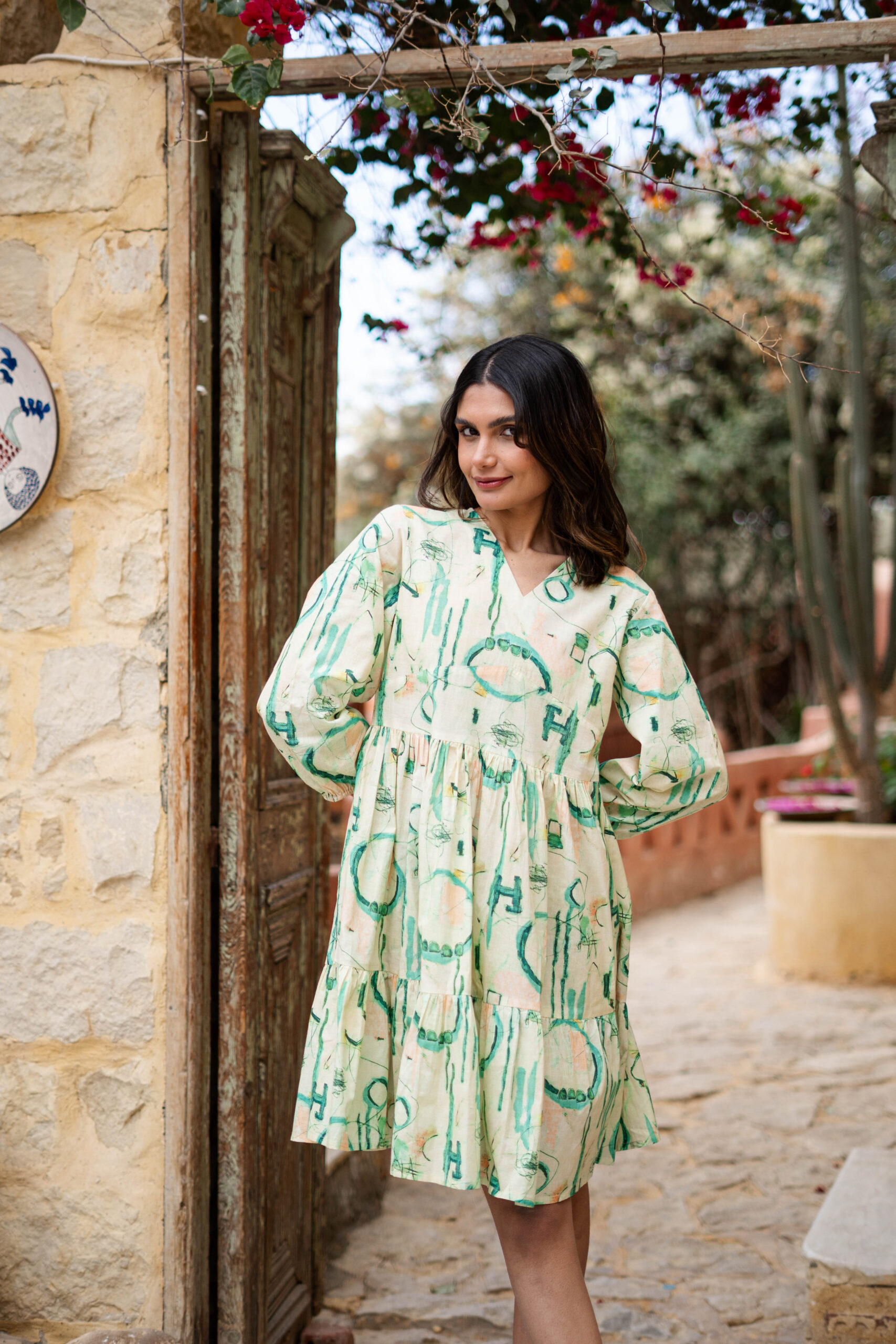 Green V-Neck Abstract Pure Cotton Dress For Women
