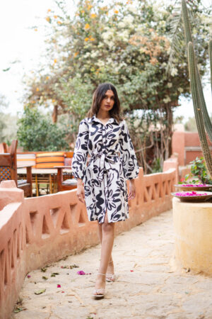 Black Shirt Collar Abstract Pure Cotton Dress For Women
