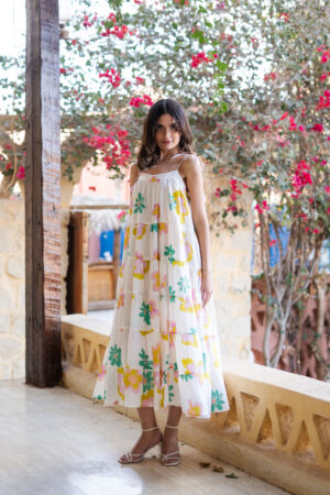 White Square Neck Floral Pure Cotton Dress For Women