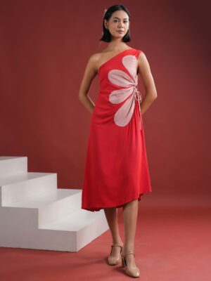 Red  Solid Viscose Rayon Dress For Women