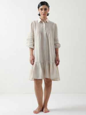 Off White Shirt Collar Solid Pure Cotton Dress For Women