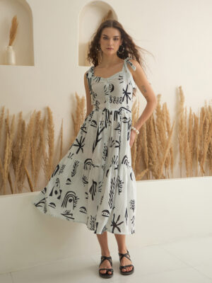 White Shoulder Straps Abstract Pure Cotton Dress For Women