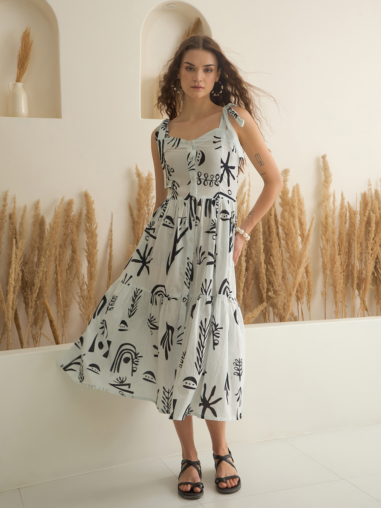 White Shoulder Straps Abstract Pure Cotton Dress For Women