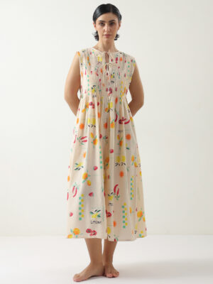 Peach Round Neck Abstract Pure Cotton Dress For Women