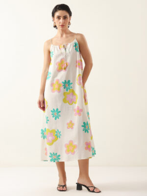 White Floral Printed Cotton Dress For Women And Girls