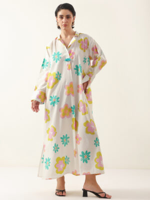 White Color Floral Shirt Collar Dress For Women
