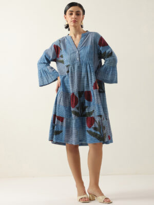 Blue  Floral Printed V-Neck Cotton Dress For Women