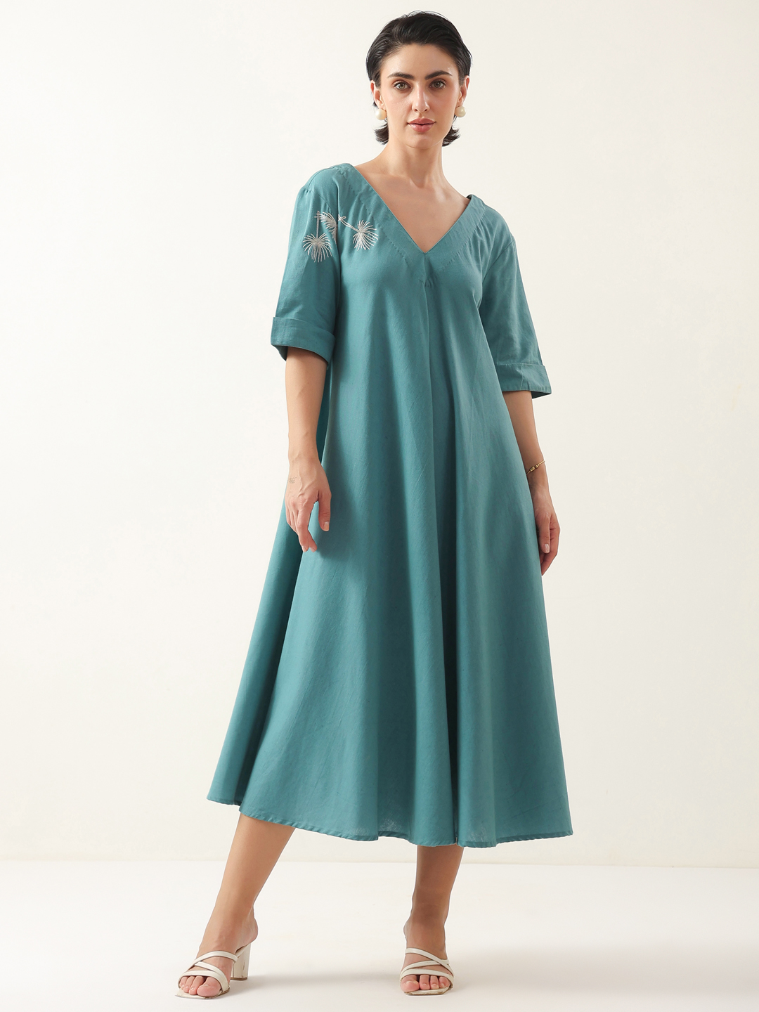 Blue V-Neck Solid Cotton Dress For Women