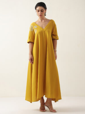 Mustard V-Neck Solid Cotton Dress For Women