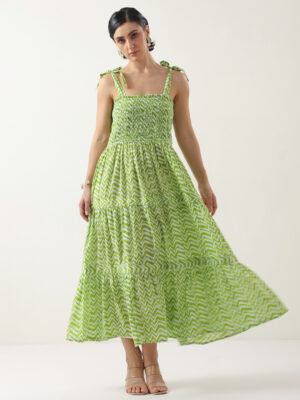 Green Square Neck Cotton Dress For Women
