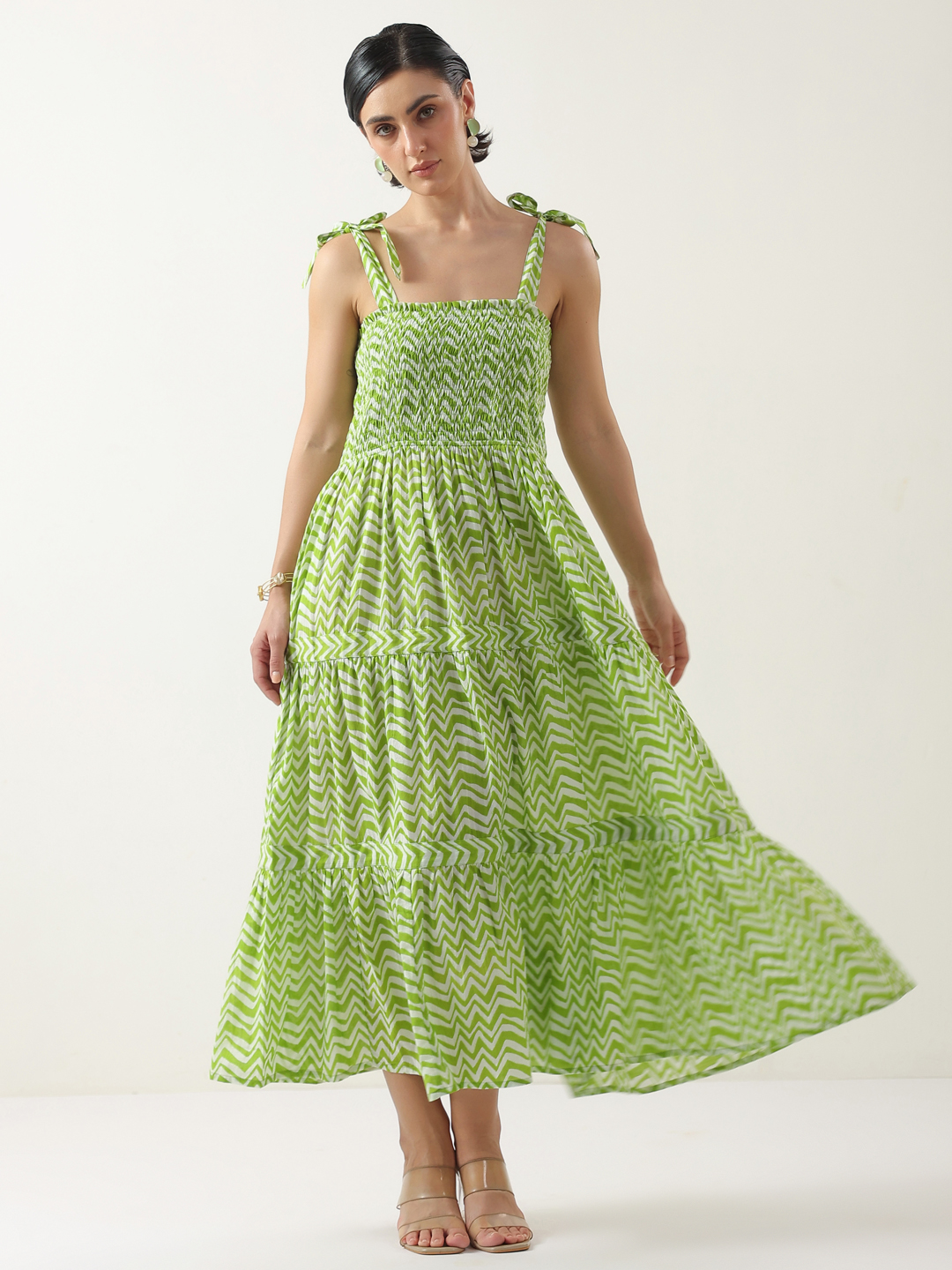 Green Square Neck Cotton Dress For Women