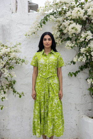 Green Floral Print Shirt Collar Flared Dress For Women
