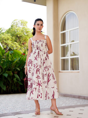 Off White Cotton Square Neck Printed Dress For Women