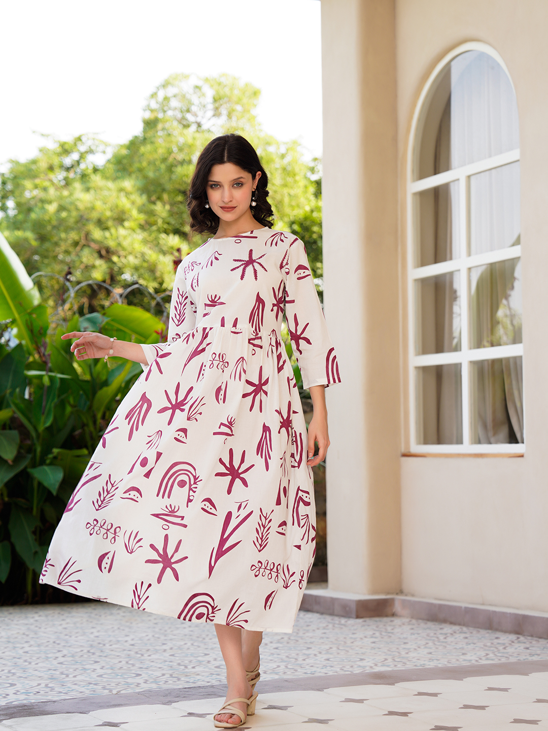 Off White Cotton Printed Shirt Collar Dress For Women