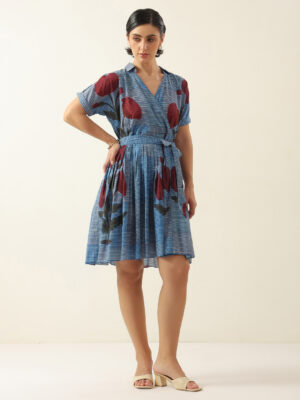 Blue V-Neck Floral Printed Dress For Women