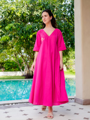 Pink Cotton Solid V-Neck Dress For Women