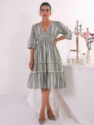 Off White V-Neck Abstract Print Cotton Flared Dress For Women