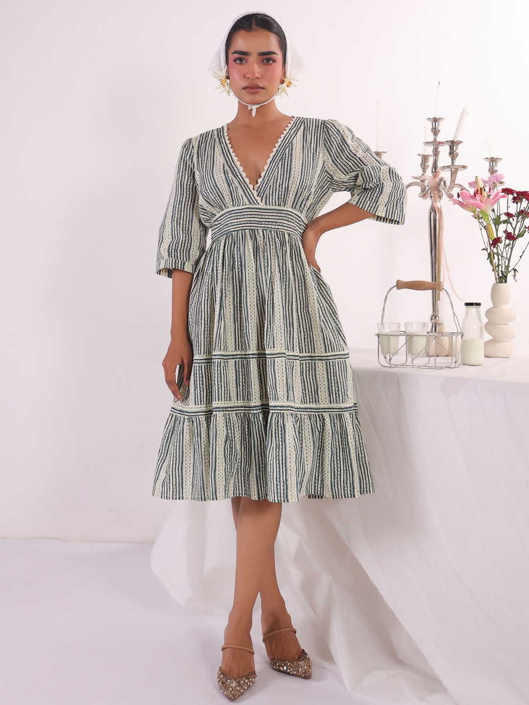 Off White V-Neck Abstract Print Cotton Flared Dress For Women