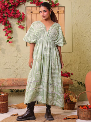 Off White Abstract Print V-Neck Flared Cotton Dress For Women