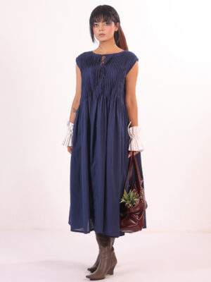 Navy Blue Solid Round Neck Flared Cotton Dress For Women