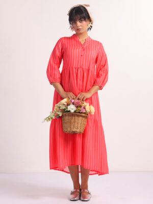 Pink Round Neck Striped Flared Cotton Dress For Women