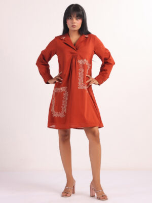 Rust Shoulder Straps Printed Flared Midi Dress For Women