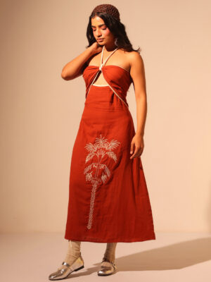 Rust V-Neck Solid Flared Cotton Dress For Women