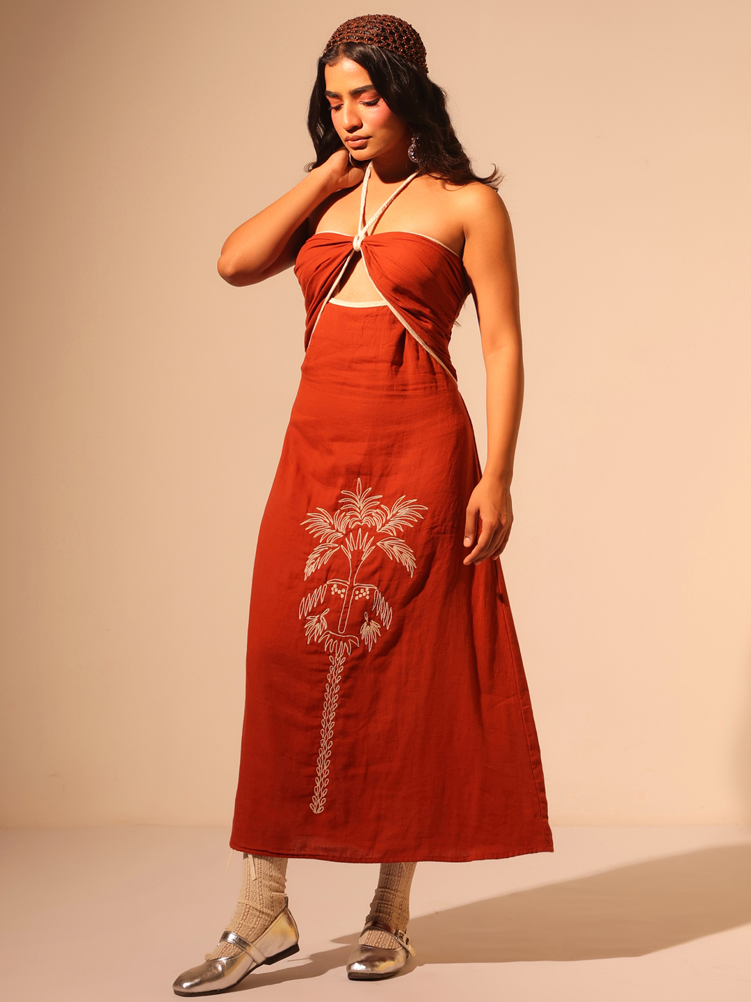 Rust V-Neck Solid Flared Cotton Dress For Women
