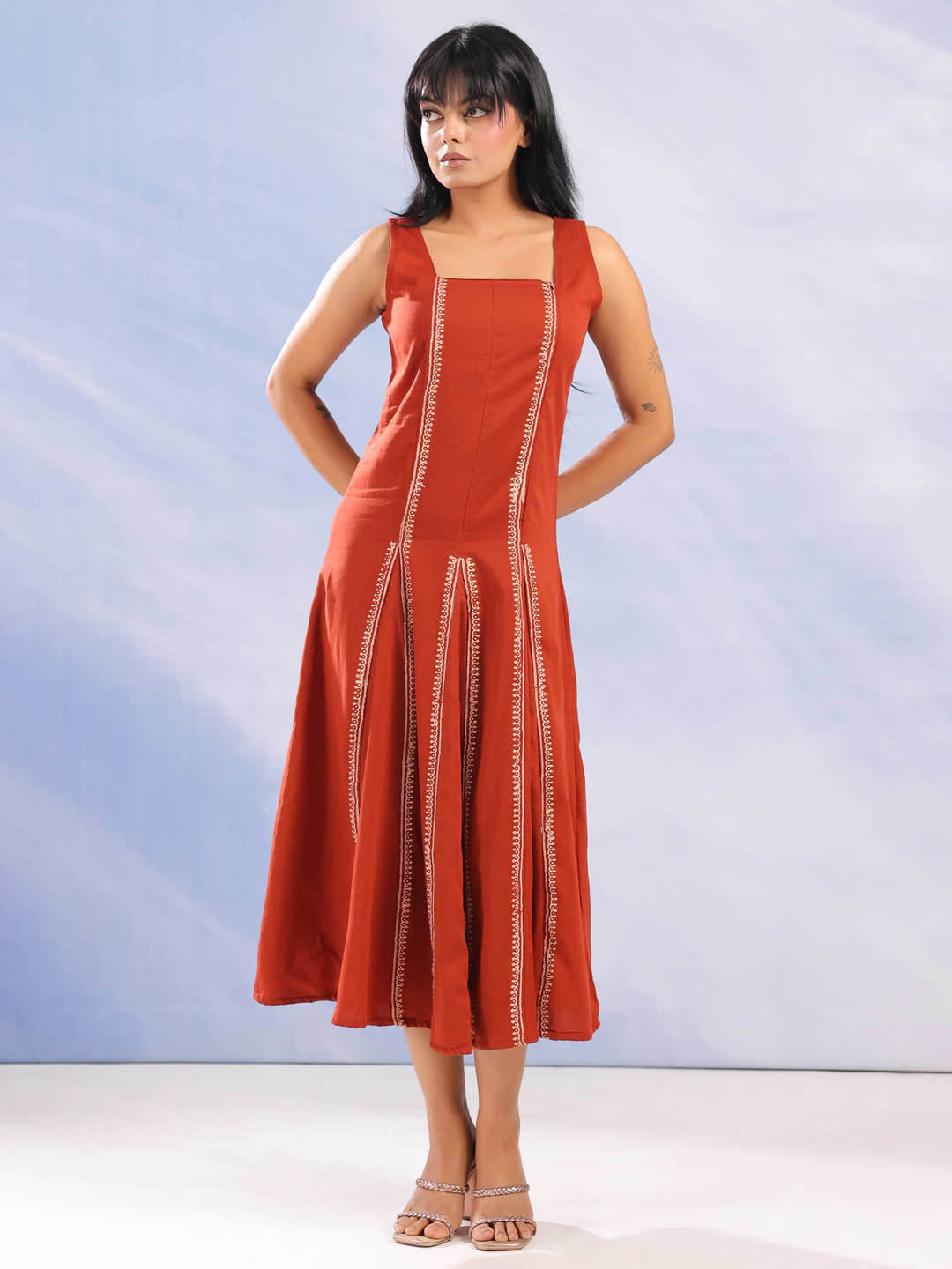 Rust Square Neck Printed Maxi Flared Cotton Dress For Women