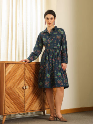 Navy Blue Polo Collar Floral Pure Cotton Dress For Women