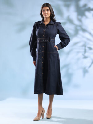 Blue Polo Collar Self Design Cotton Blend Dress For Women