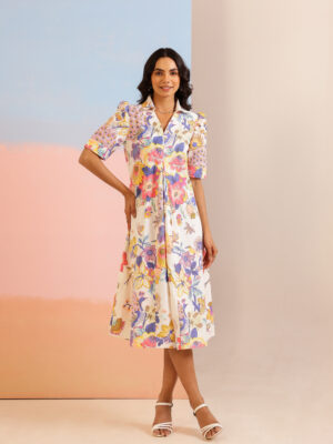 White V-Neck Floral Pure Cotton Dress For Women